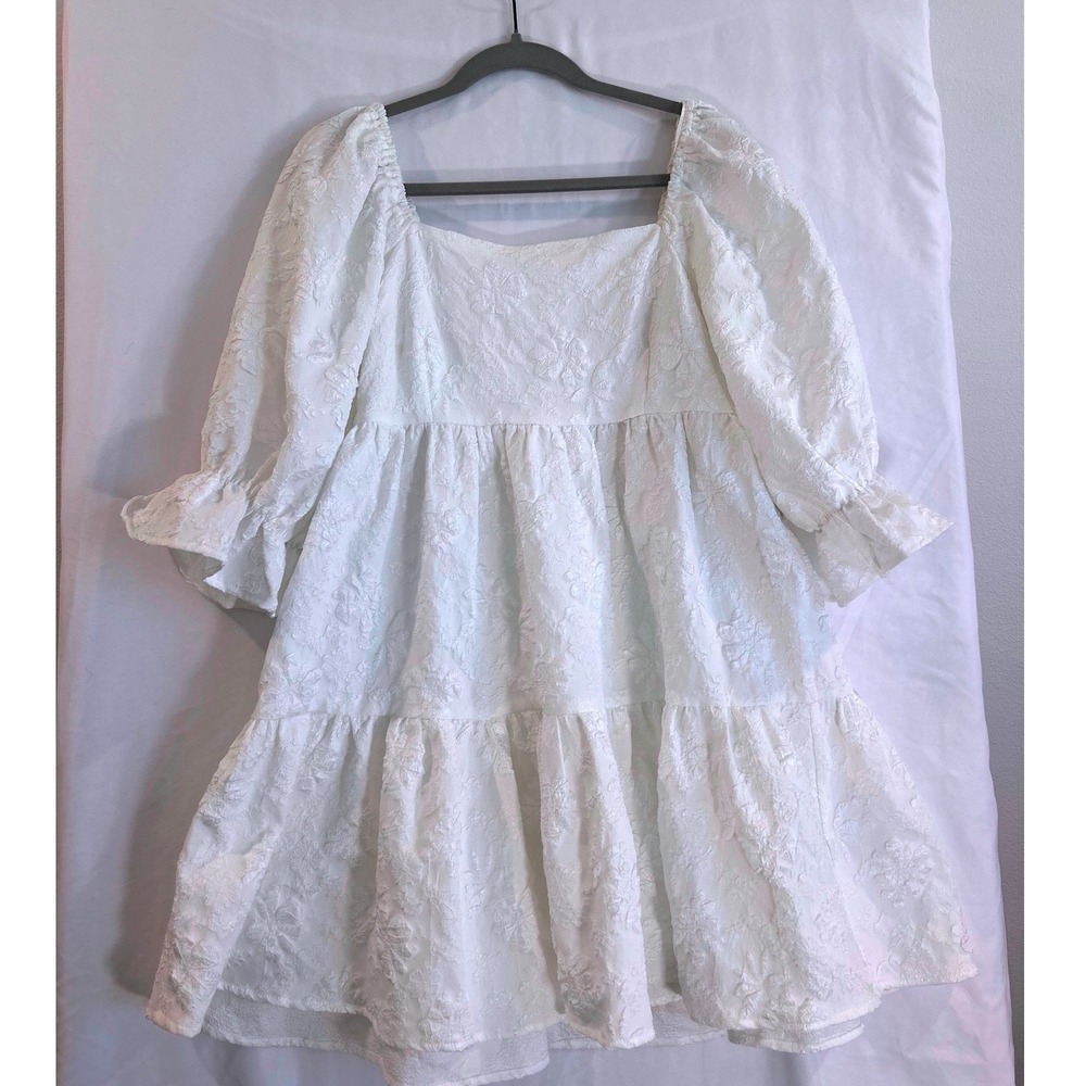 Entro White Jacquard Floral Tiered Puff Sleeve Mini Dress Square Neck M Romantic